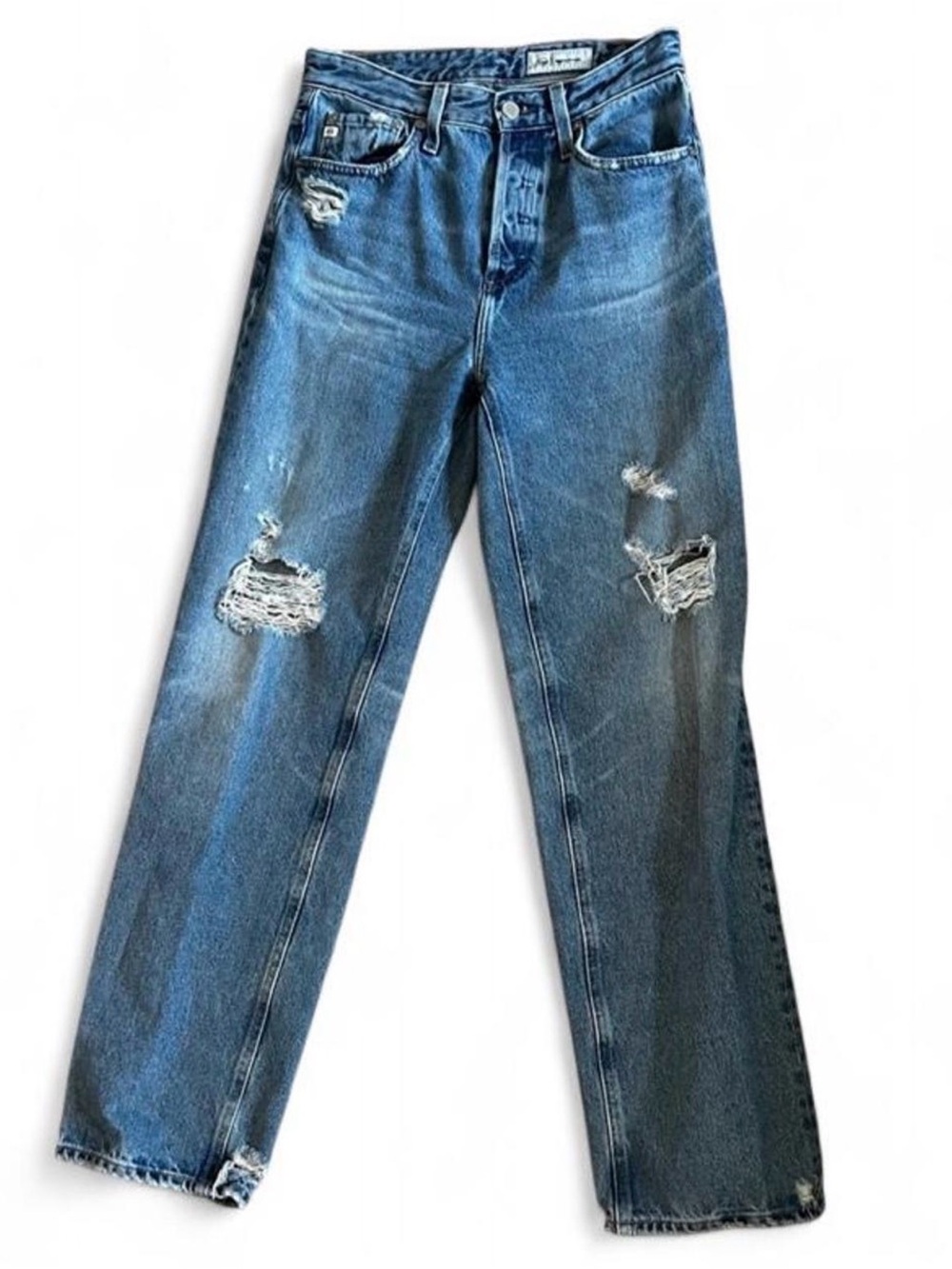 AG Adriano Goldschmied Distressed Straight Leg Jeans - Medium Blue